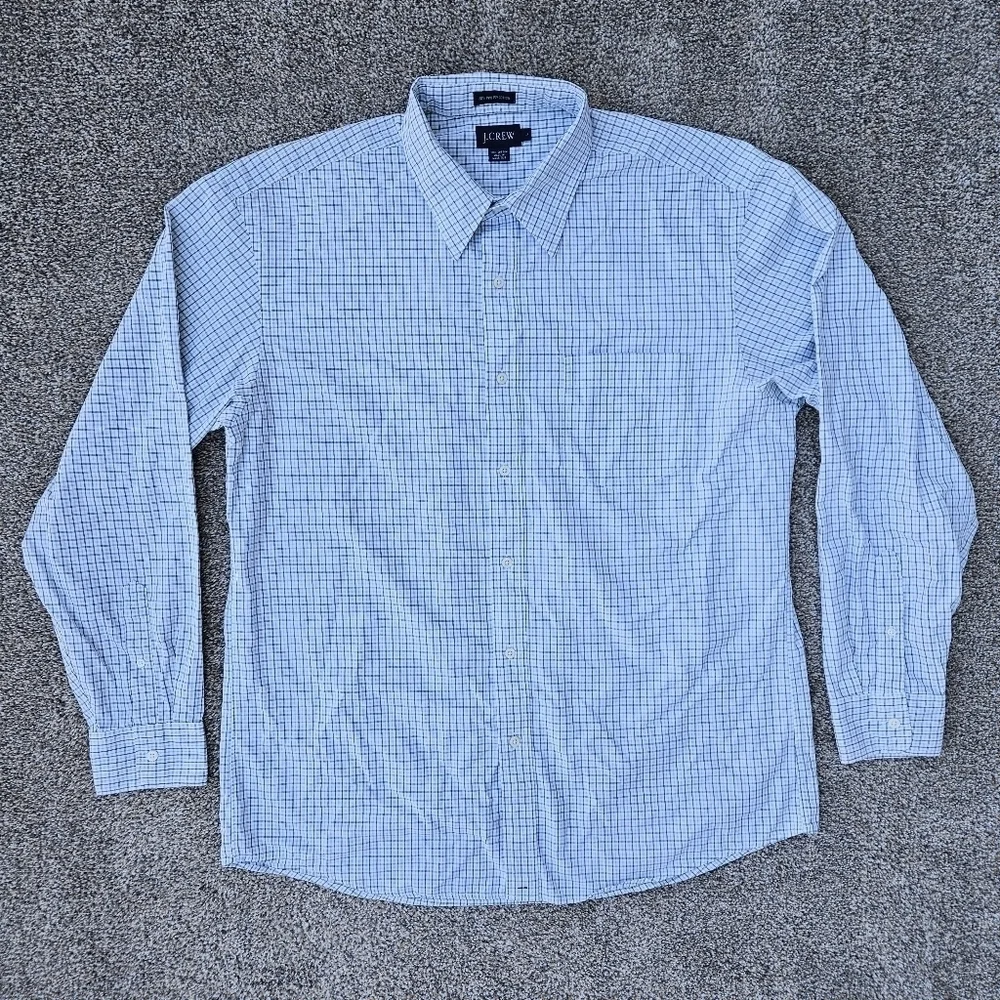 J Crew 80s 2 Ply Cotton LS Button Down Blue White Plaid Shirt Mens Large 16-16.5